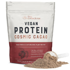Live Conscious Cosmic Cacao protein powder tub for clean plant-based protein.
