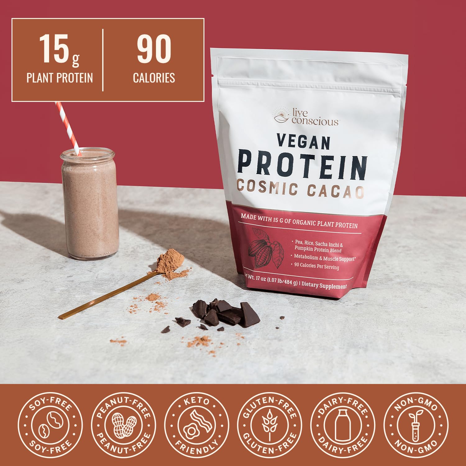 Live Conscious Cosmic Cacao serving scoop shows precise protein measurement.