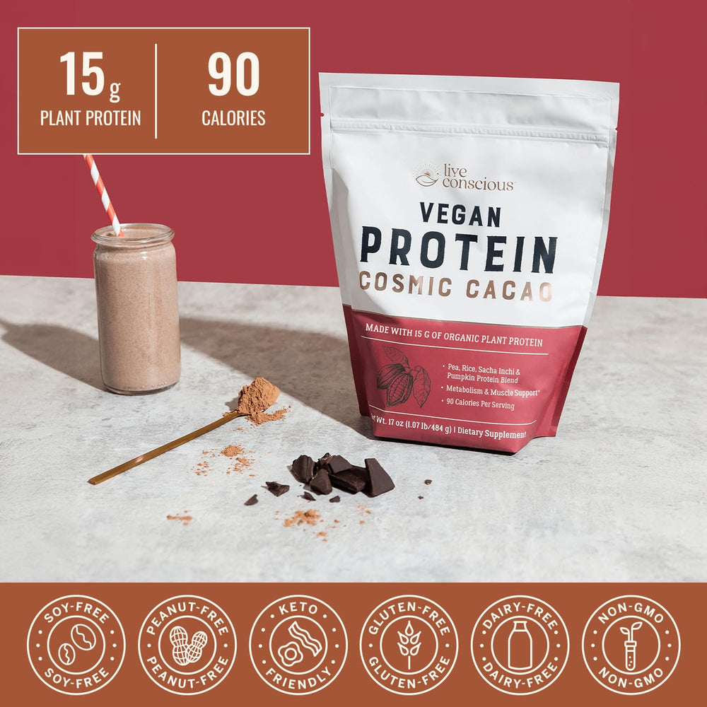 Live Conscious Cosmic Cacao serving scoop shows precise protein measurement.