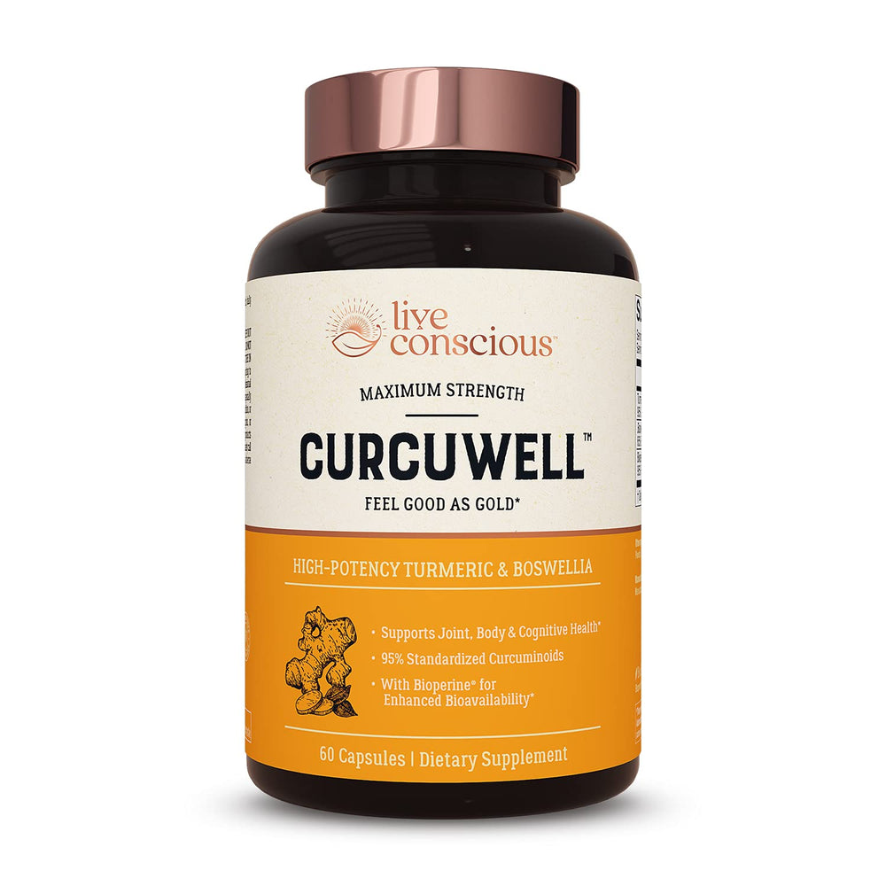 Live Conscious CurcuWell bottle front showing 30-day turmeric blend for joint and brain support