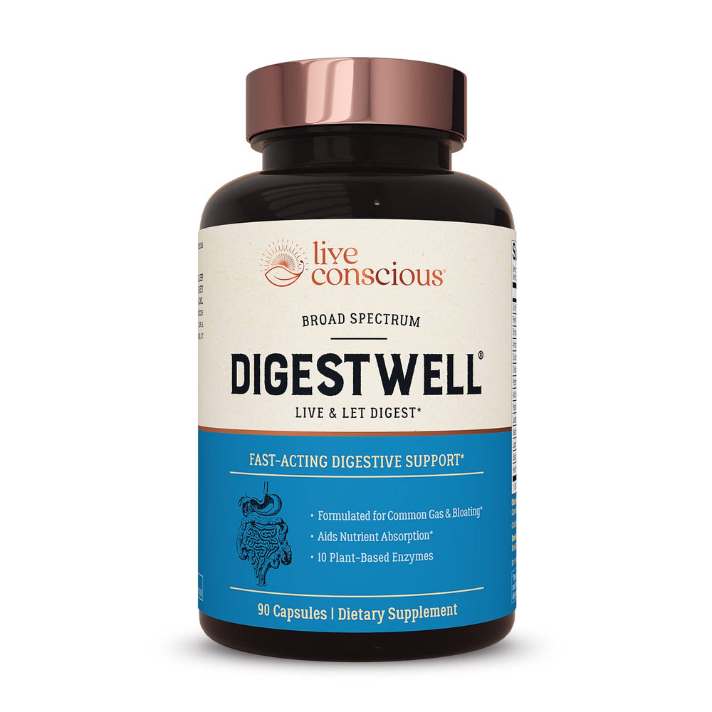 Live Conscious DigestWell bottle being poured to illustrate fast-acting digestive support after meals.