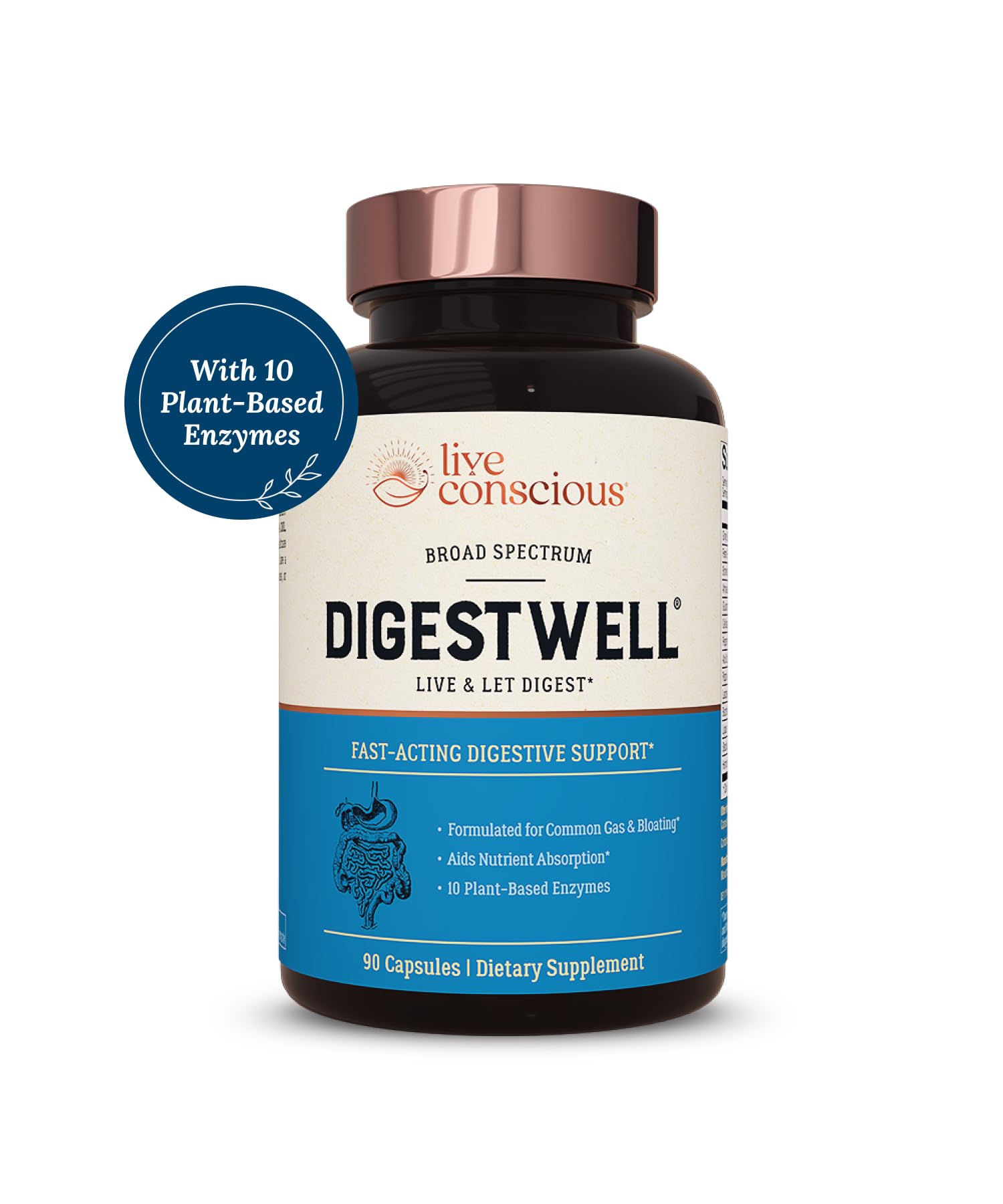 DigestWell capsules close-up highlighting enzymes and probiotics for gas relief.