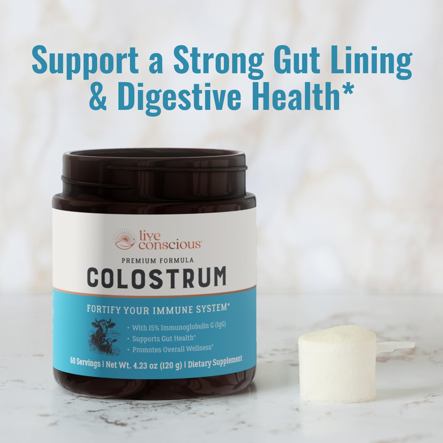 Live Conscious Colostrum Powder grass-fed cows pasture illustrating sustainable sourcing