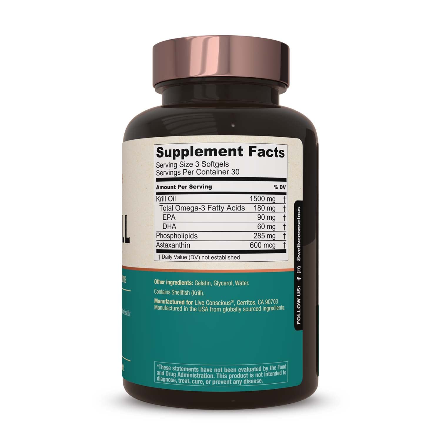 Live Conscious KrillWell astaxanthin focus emphasizes potent antioxidant support.