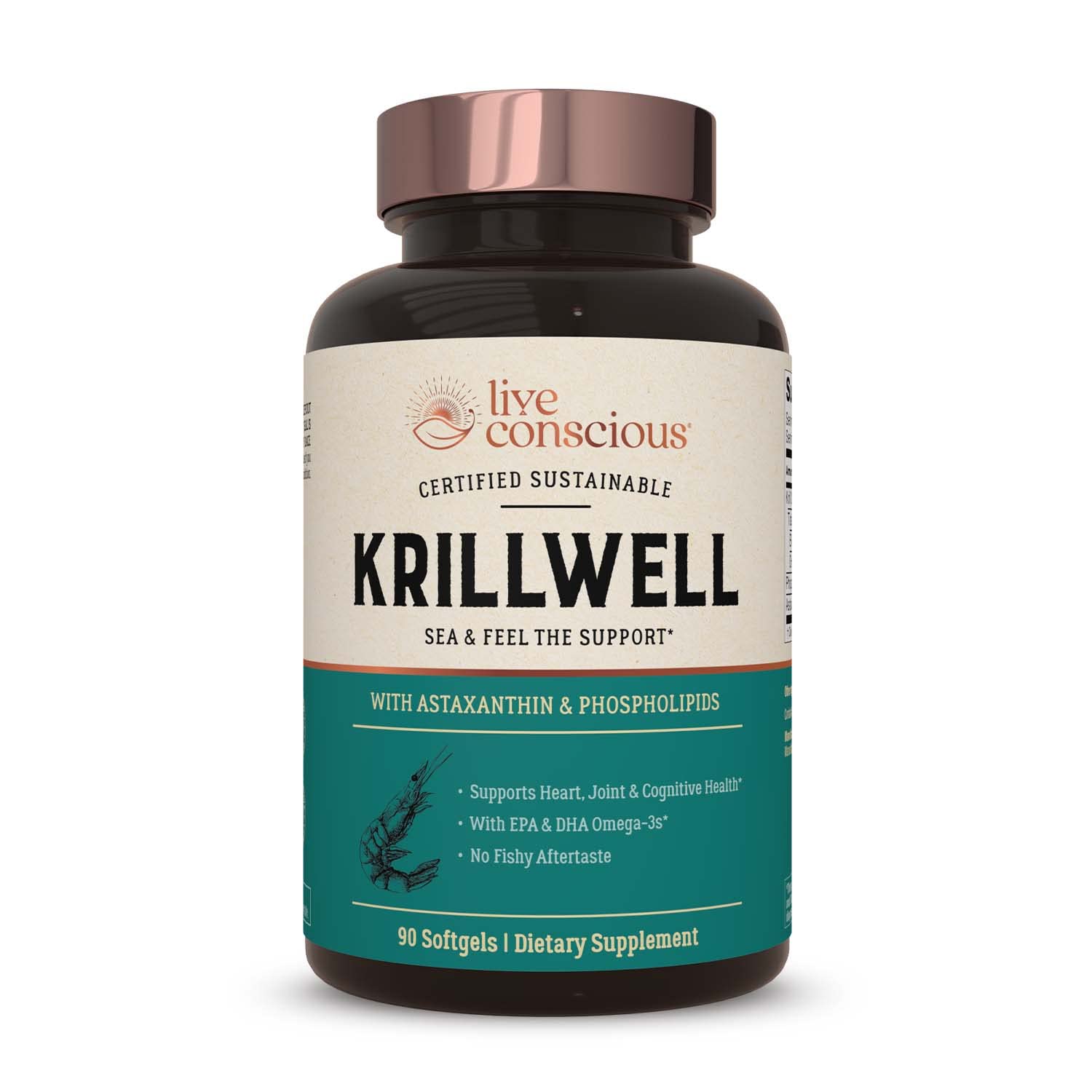Live Conscious KrillWell bottle and pour showing easy-to-swallow capsules for daily omega-3.