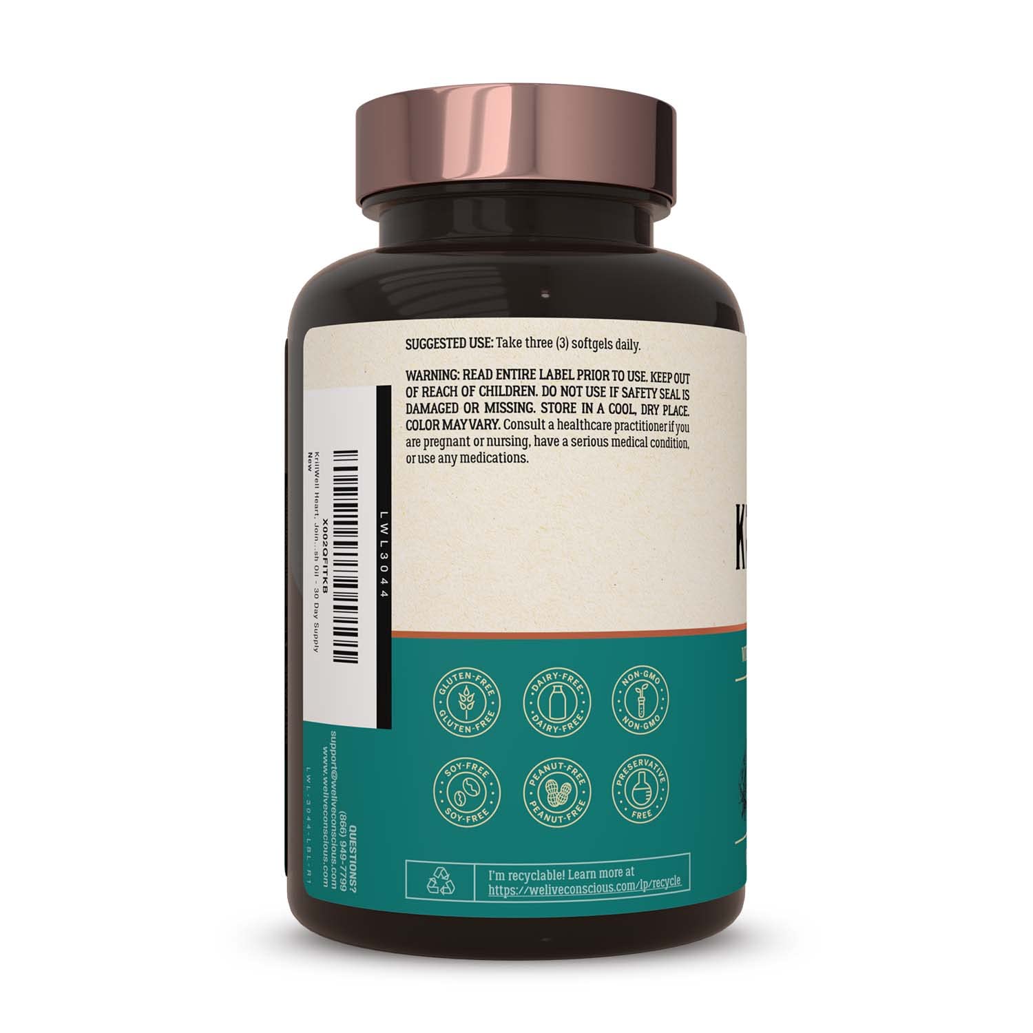 Live Conscious KrillWell softgel capsules highlight EPA and DHA absorption.