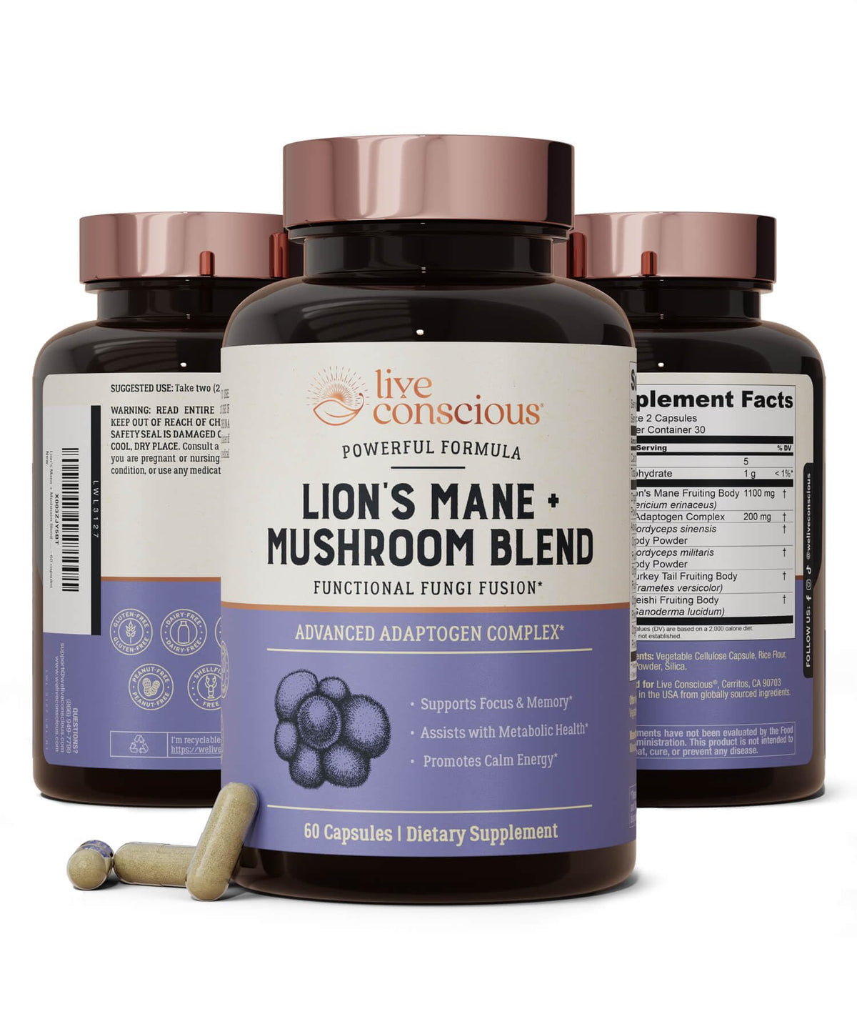 Live Conscious Lions Mane bottle showcases brain support and daily focus.