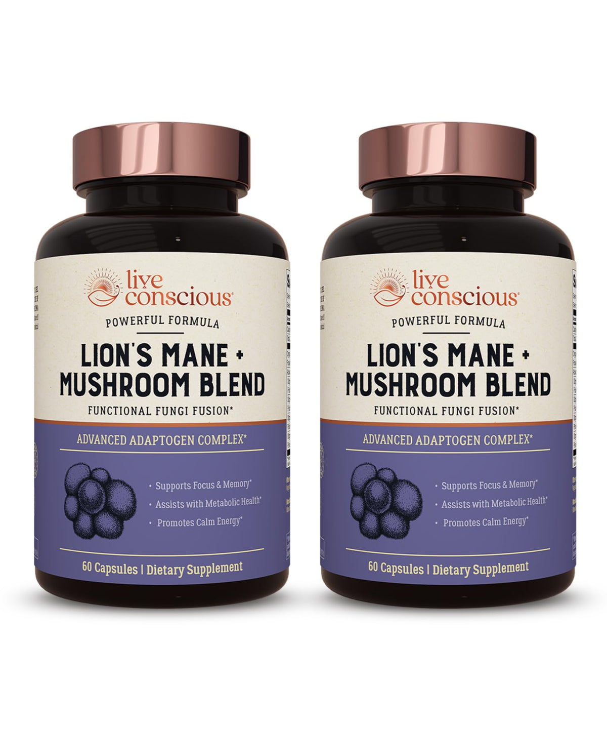 Live Conscious Lions Mane capsules bottle offers daily focus support.