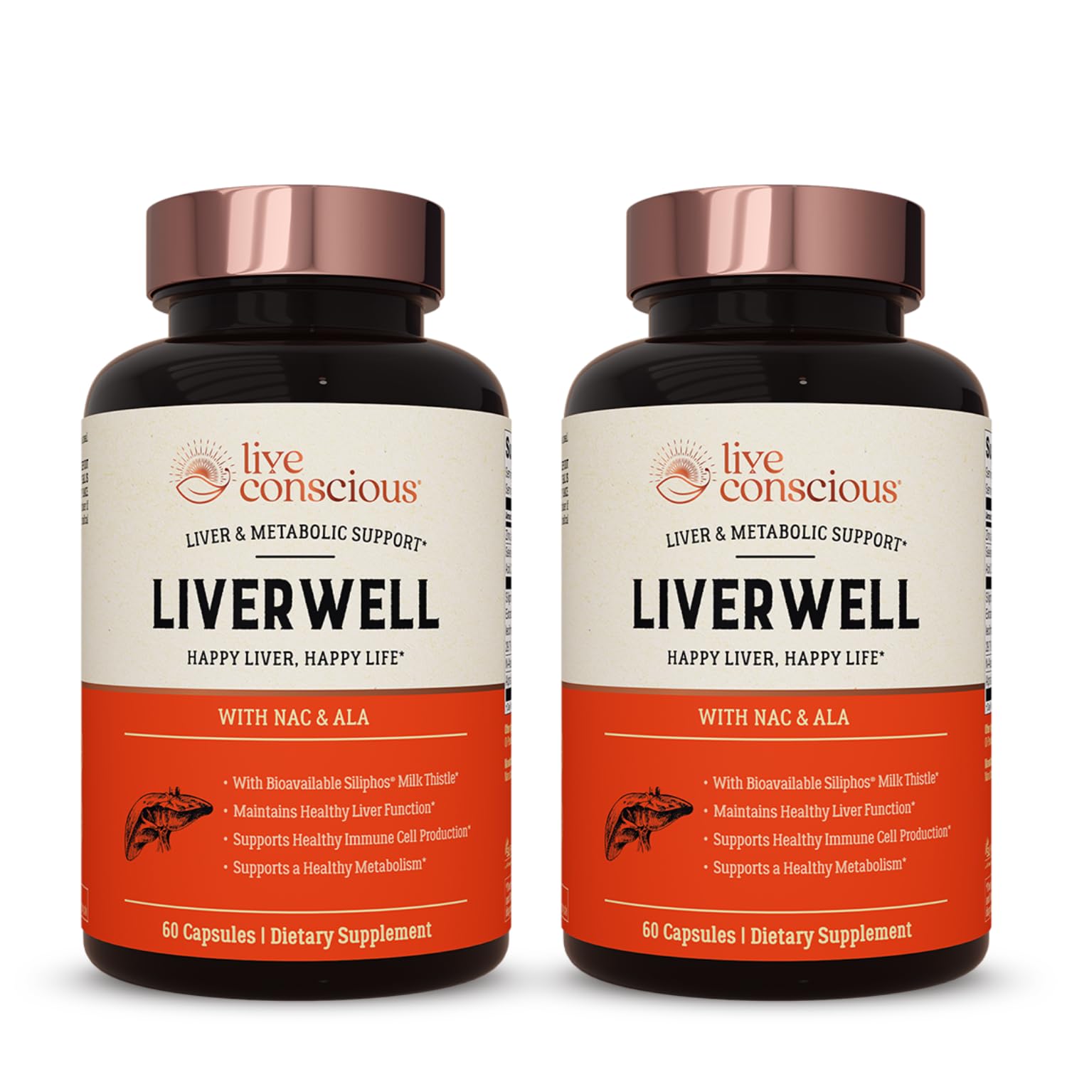 Live Conscious LiverWell bottle closeup highlighting packaging for liver support.