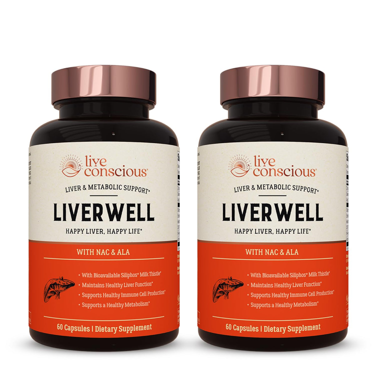 Live Conscious LiverWell bottle closeup highlighting packaging for liver support.