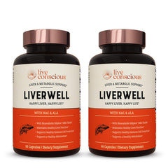 Live Conscious LiverWell bottle closeup highlighting packaging for liver support.