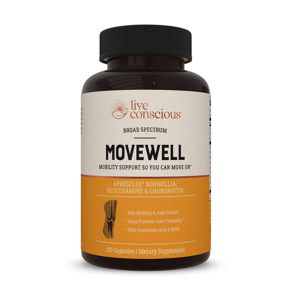 Live Conscious MoveWell bottle closed showing convenient joint support for daily activity.