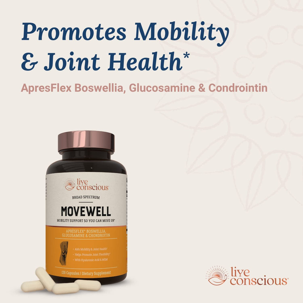 Live Conscious MoveWell hyaluronic acid visible for joint cushioning.