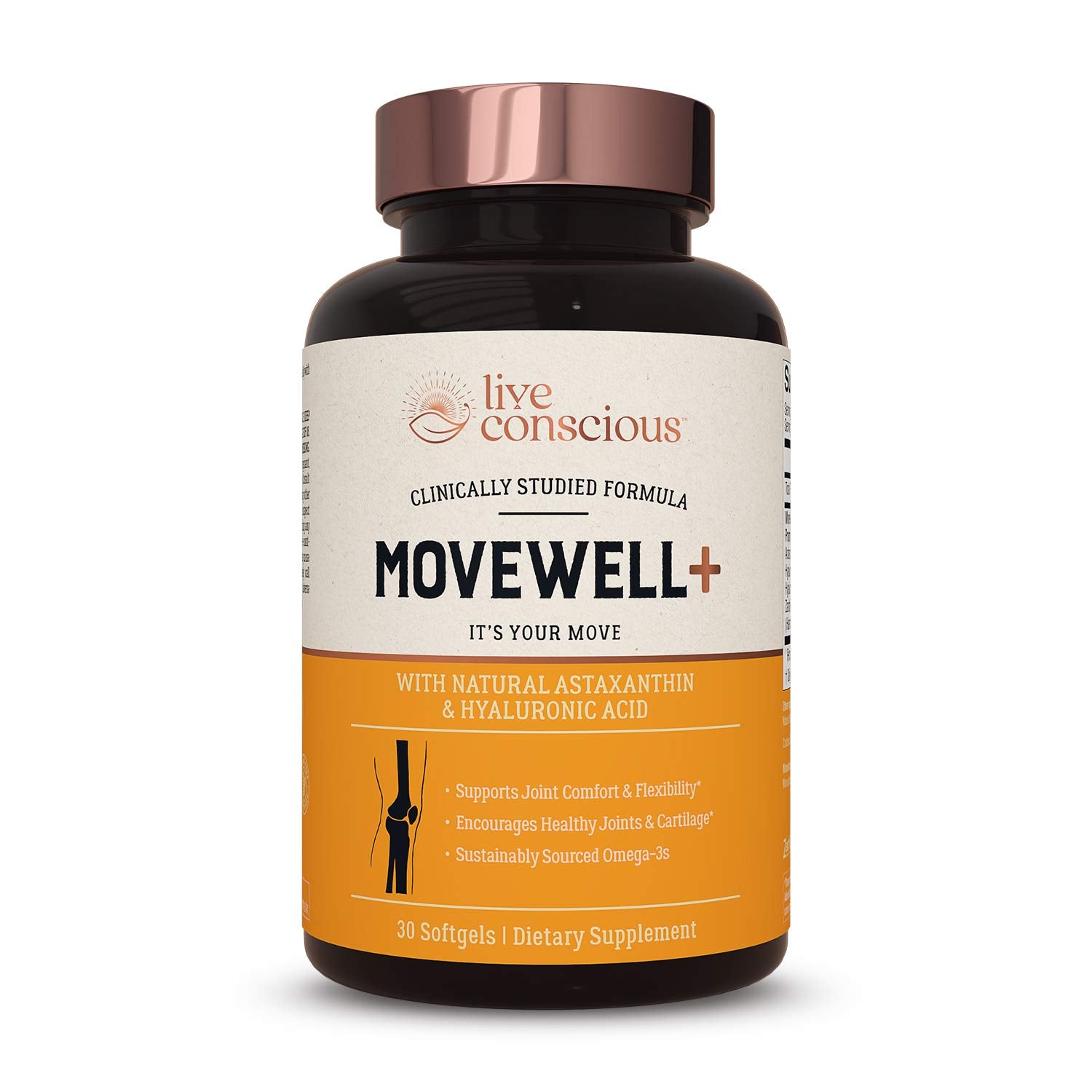 Live Conscious MoveWell Plus bottle with Antarctic krill oil suggesting joint support.