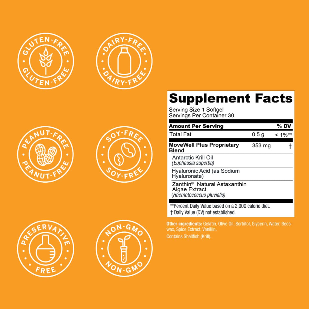 Live Conscious MoveWell Plus astaxanthin softgels highlighting antioxidant support.