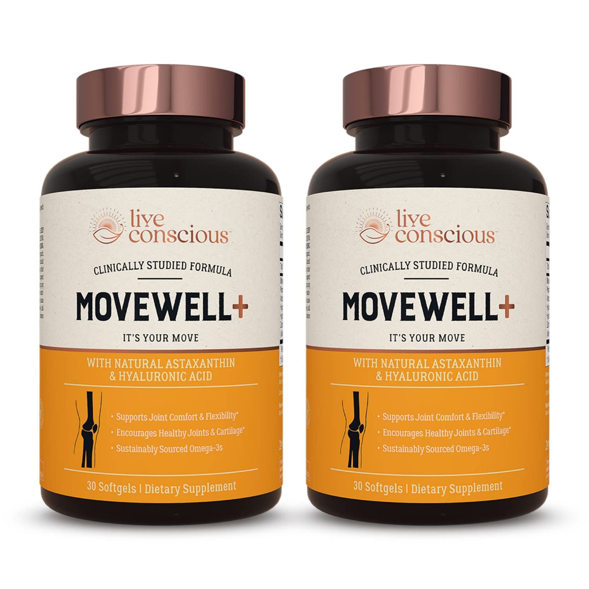 Live Conscious MoveWell Plus bottle front view showing daily joint comfort potential