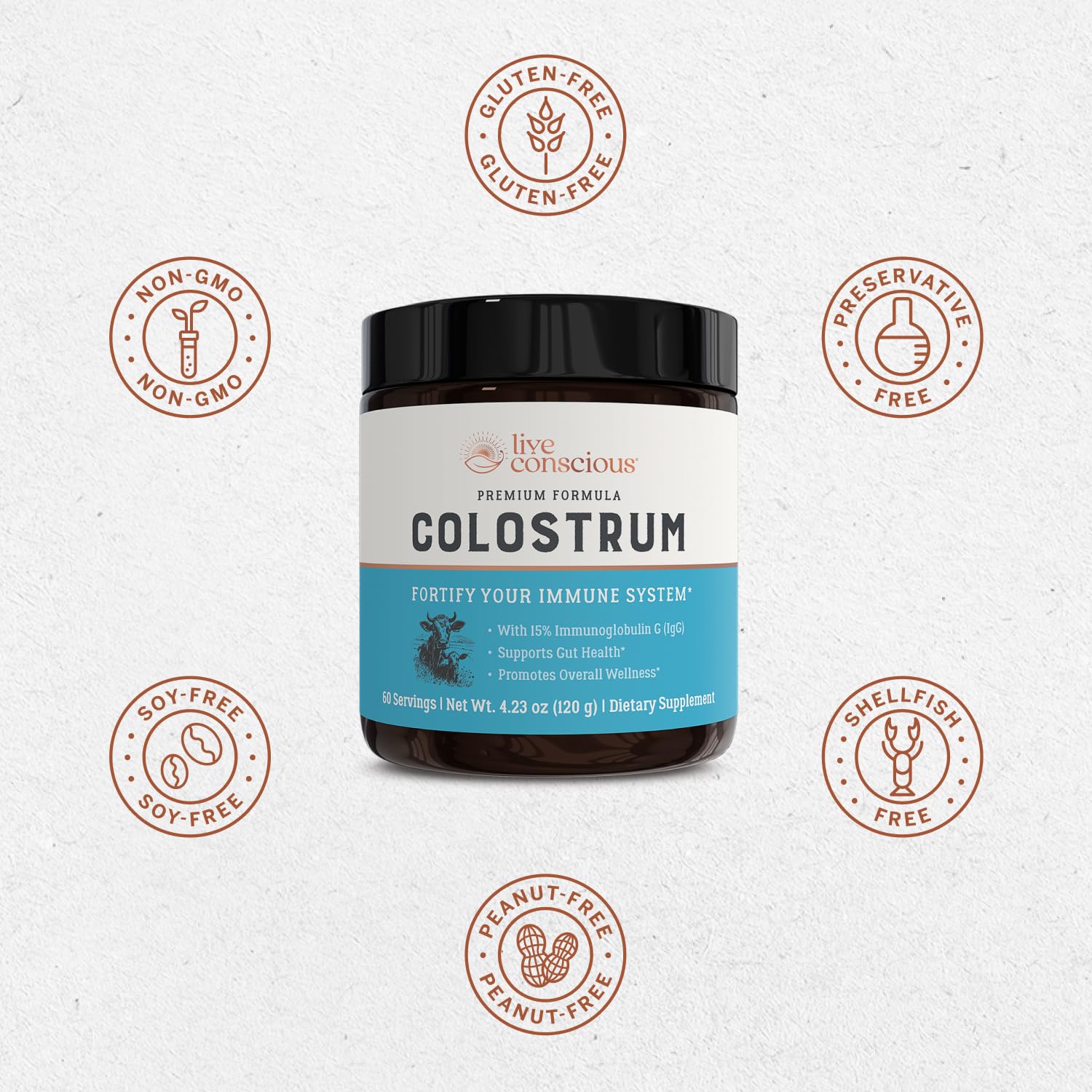 Live Conscious Colostrum Powder nutrition label close-up showing nutrient richness