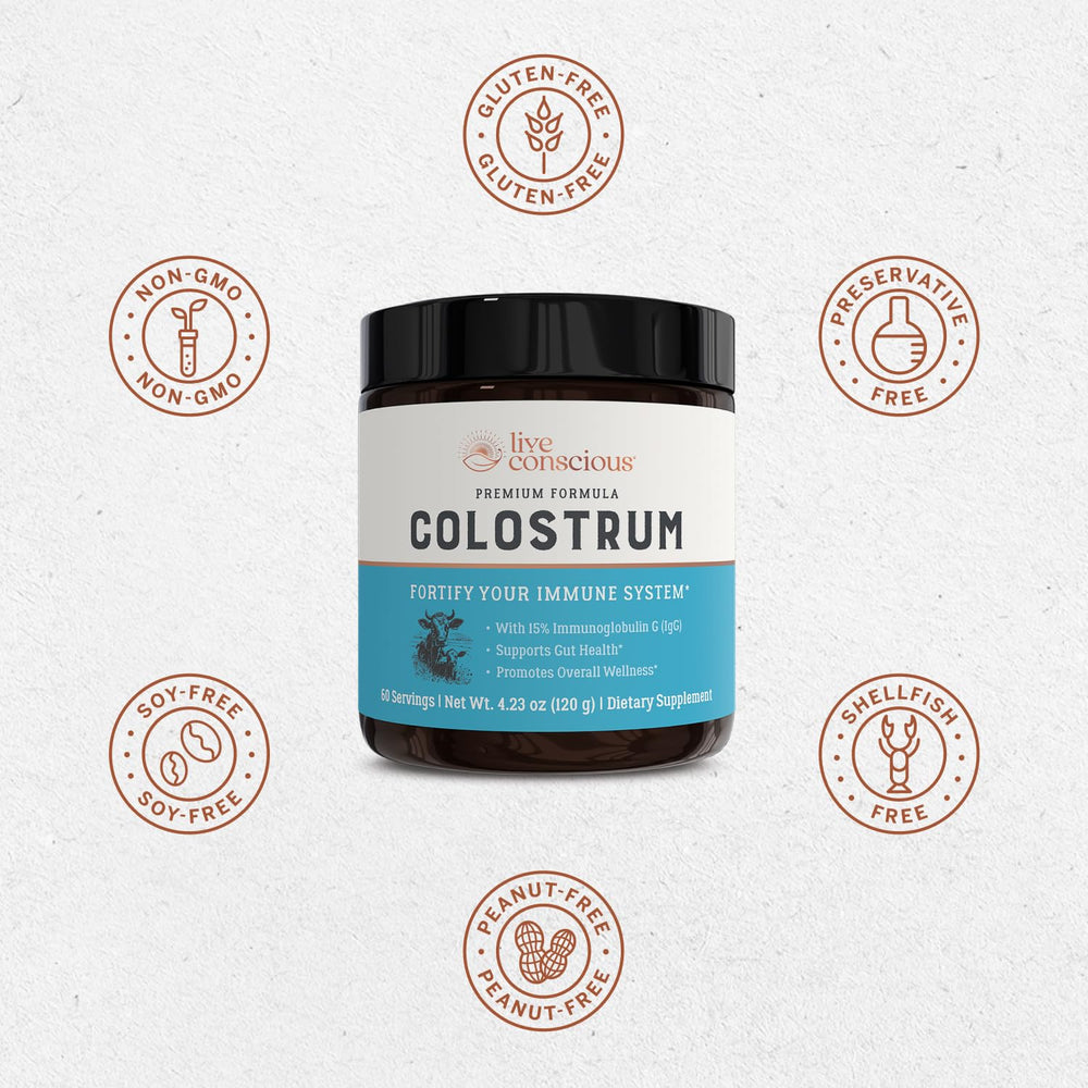 Live Conscious Colostrum Powder nutrition label close-up showing nutrient richness