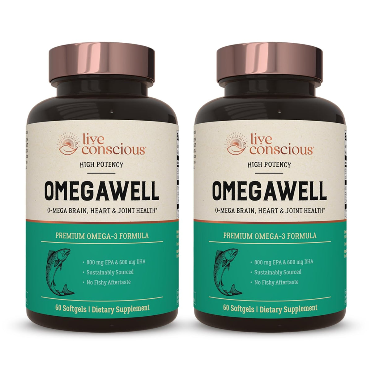 Live Conscious OmegaWell bottle front showing 60 softgels for daily Omega-3 support