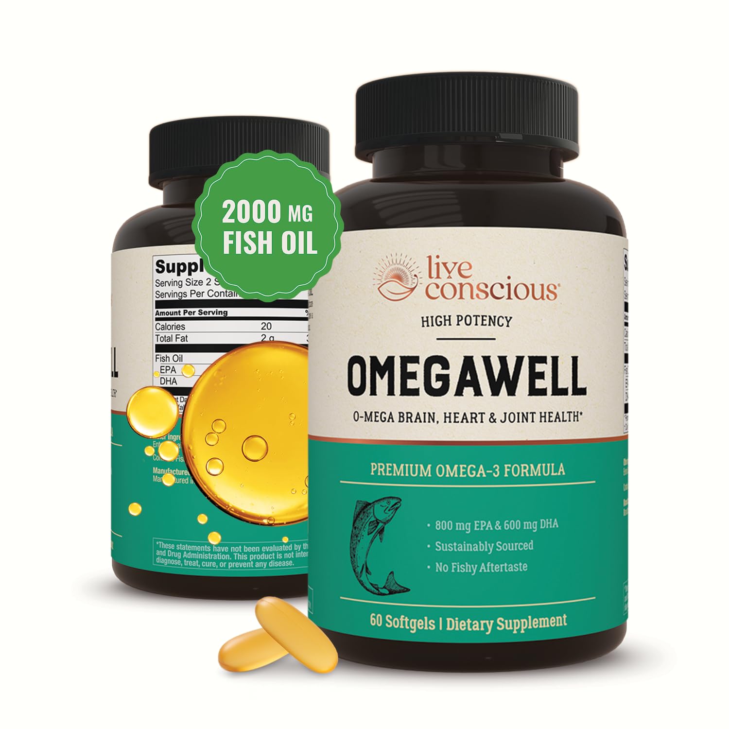 Live Conscious OmegaWell bottle front with burpless omega-3 softgels for daily use.