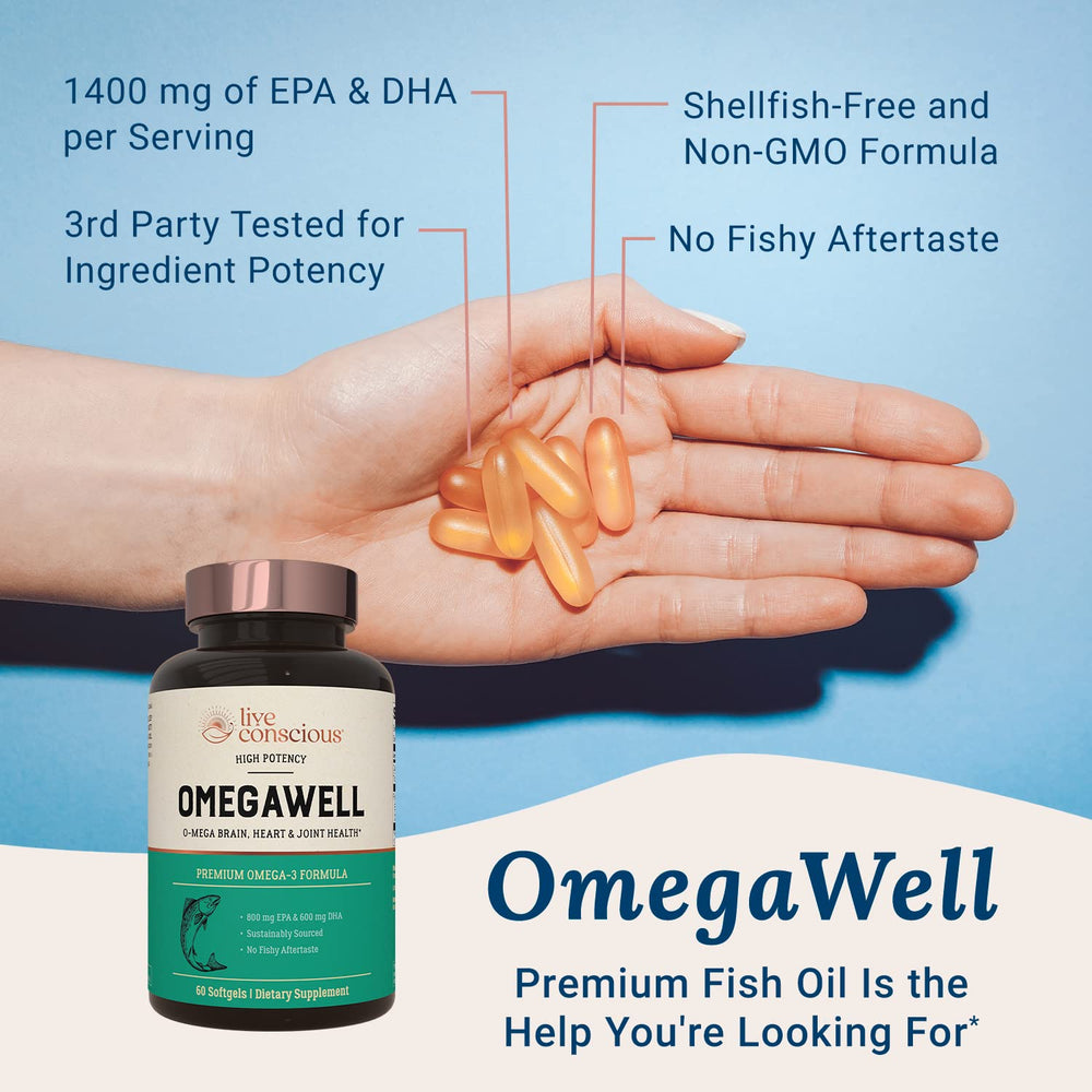 Live Conscious OmegaWell label highlights 800 mg EPA and 600 mg DHA per serving.
