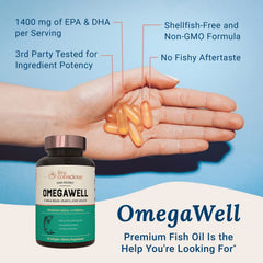 Live Conscious OmegaWell label highlights 800 mg EPA and 600 mg DHA per serving.