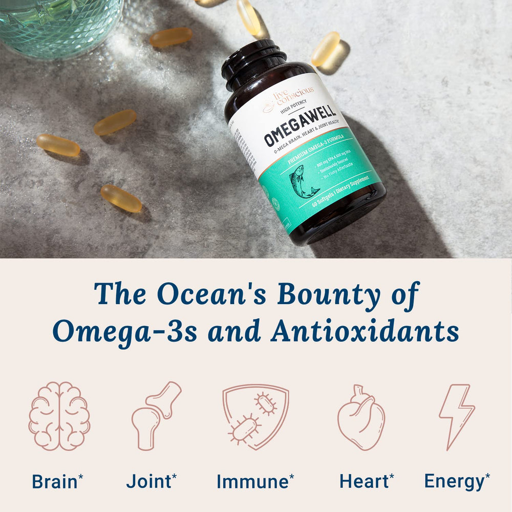 Close-up of Live Conscious OmegaWell softgels showing gentle, burpless coating.