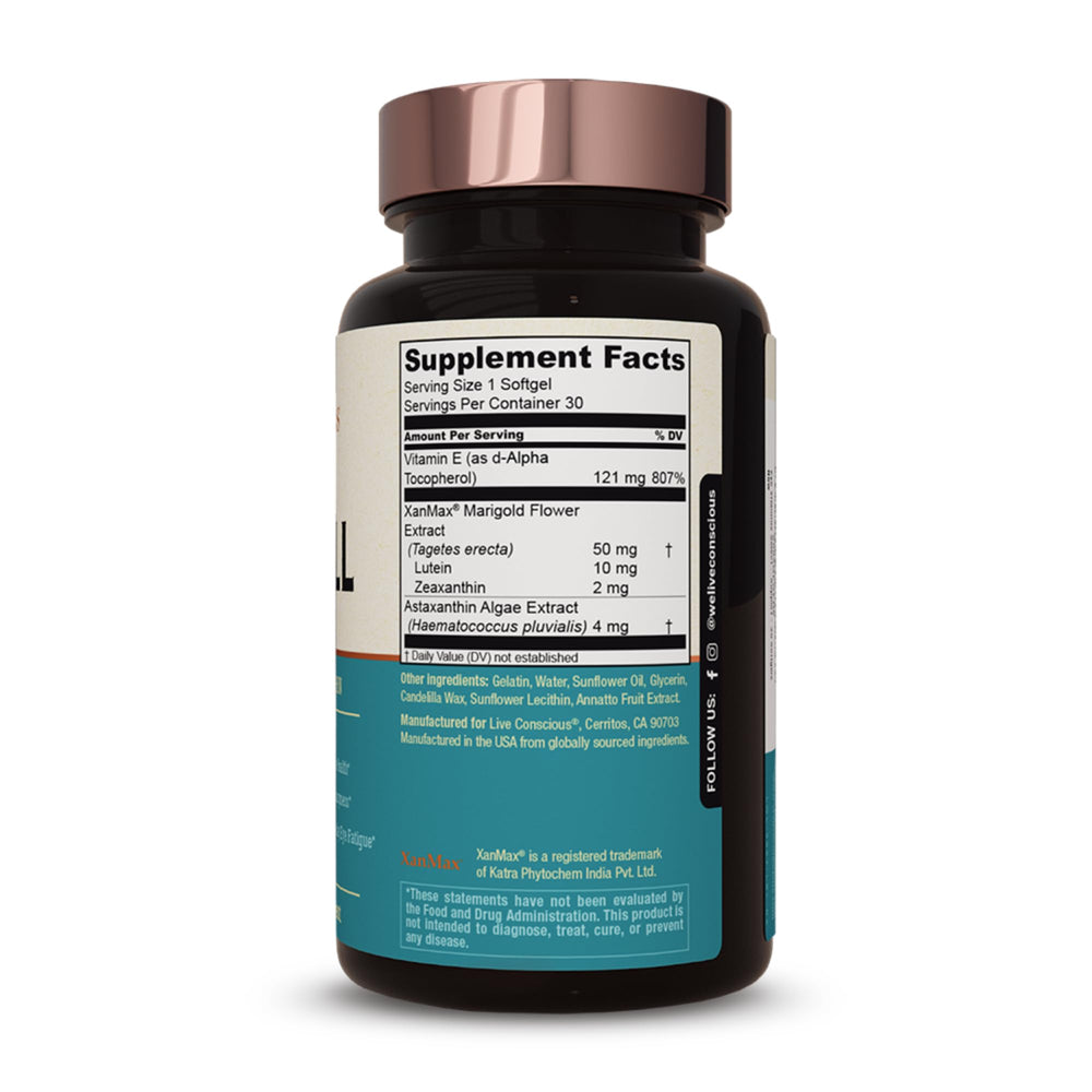 Live Conscious OptiWell bottle label closeup showing vitamin E and lutein.