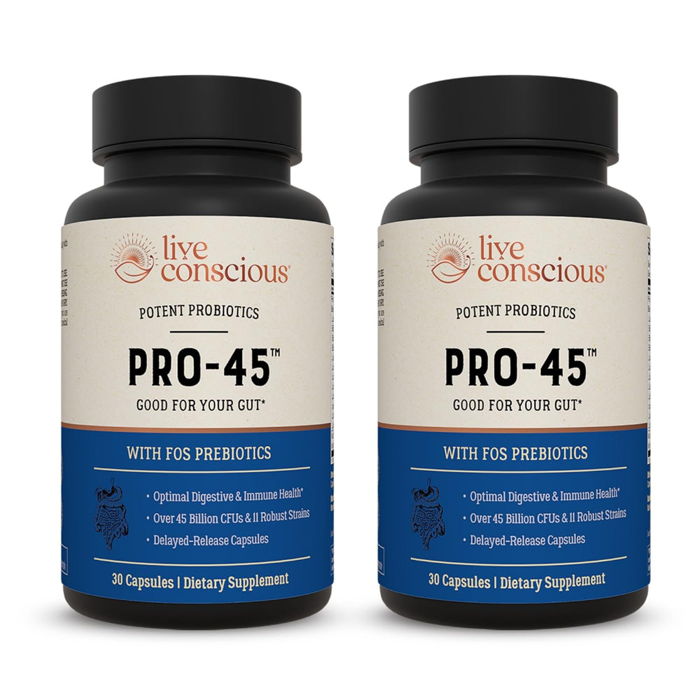 Live Conscious PRO45 bottle front showing dairy-free probiotic capsules for digestive support
