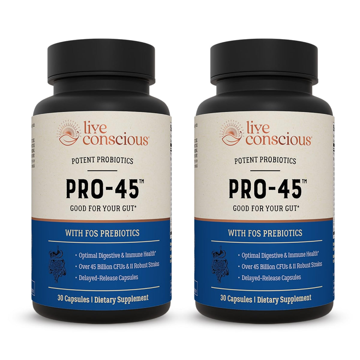 Live Conscious PRO45 bottle front showing dairy-free probiotic capsules for digestive support