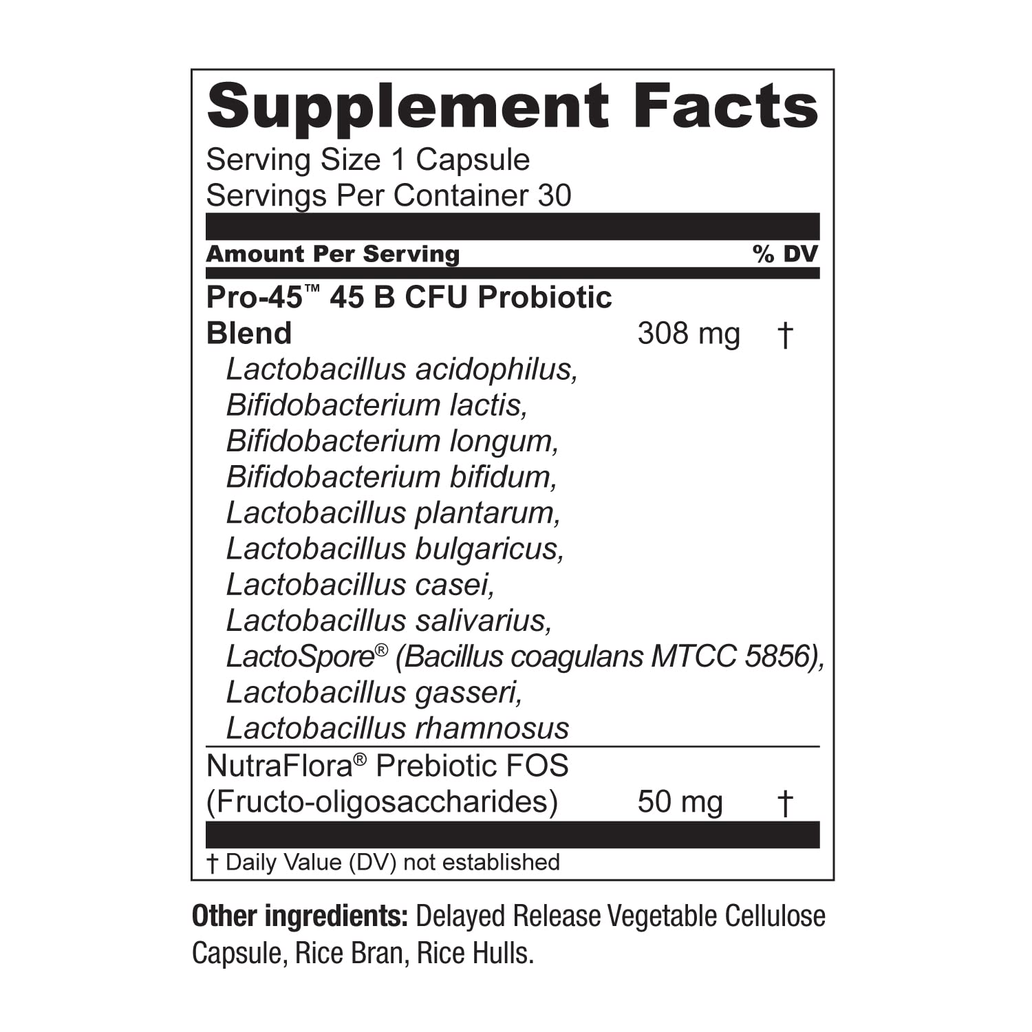 Live Conscious PRO45 ingredients list highlighting prebiotics and non-GMO formula.