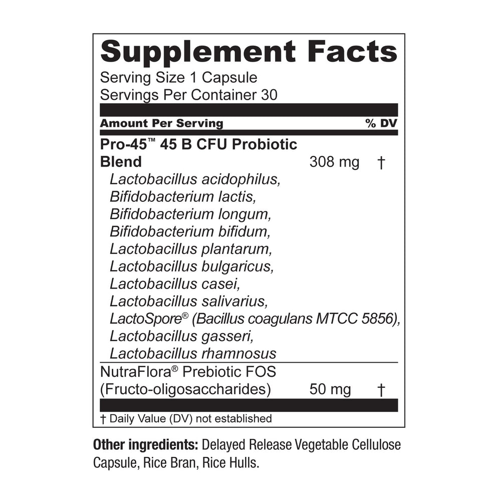 Live Conscious PRO45 ingredients list highlighting prebiotics and non-GMO formula.