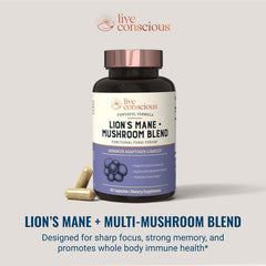 Live Conscious packaging shows turkey tail, reishi, and cordyceps ingredients.