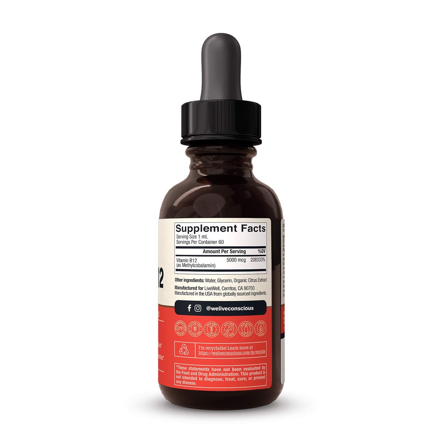 Live Conscious B12 bottle label closeup shows 5000 mcg potency