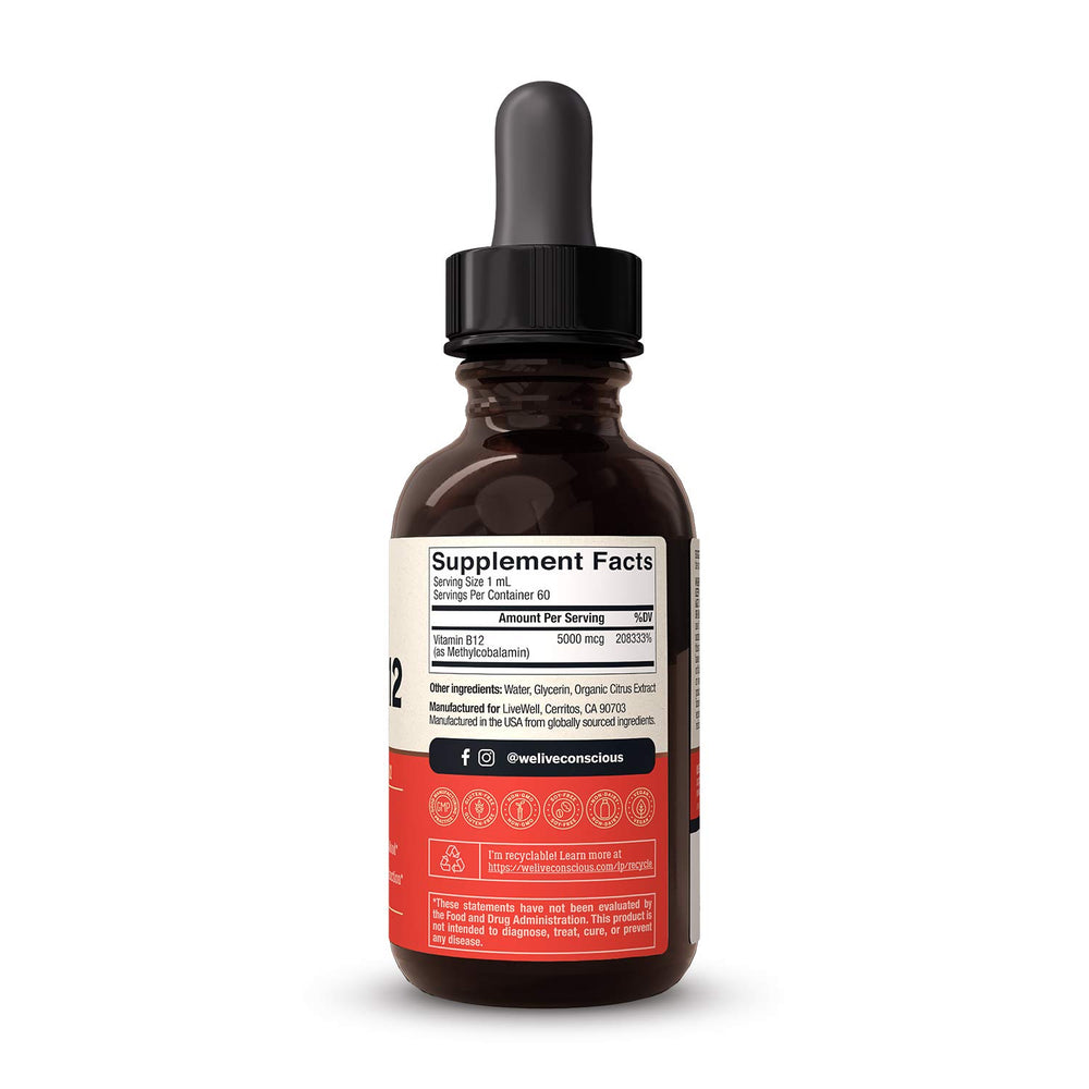 Live Conscious B12 bottle label closeup shows 5000 mcg potency