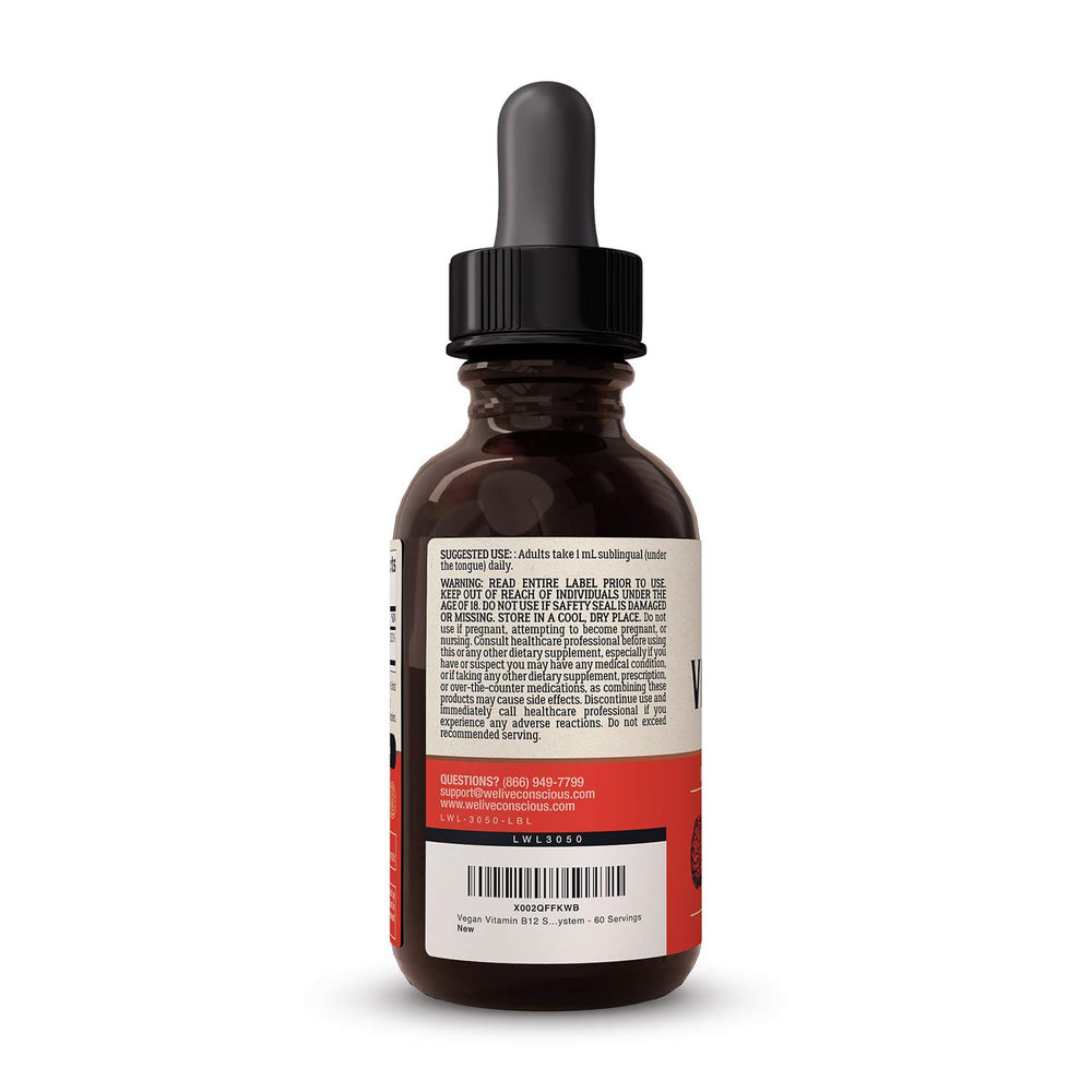 Live Conscious B12 drops packaging highlights dosing features