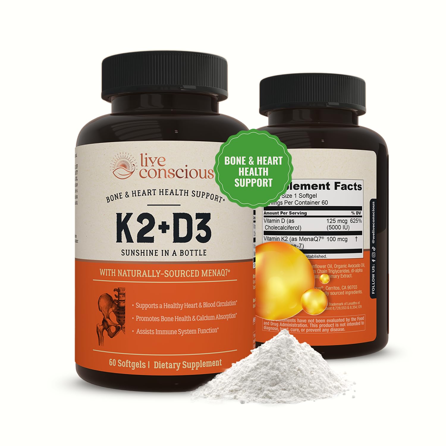 Live Conscious Vitamin K2 MK7 D3 bottle with 60 softgels for bone support.