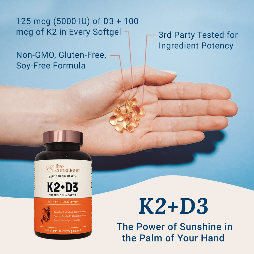 Live Conscious bottle label highlights 5000 IU D3 and K2 MK7.