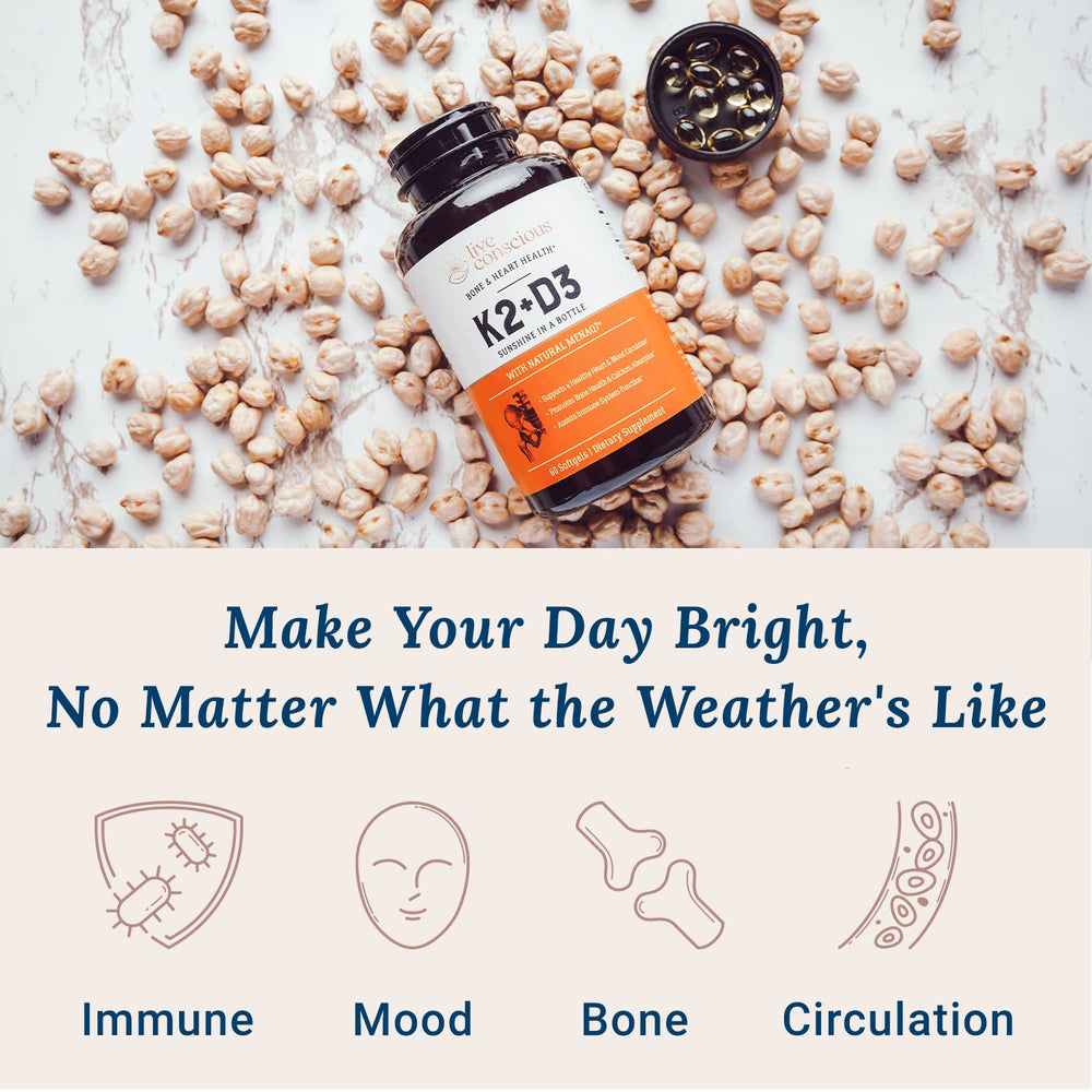 Live Conscious K2 MK7 D3 capsules closeup shows potency and immune support.