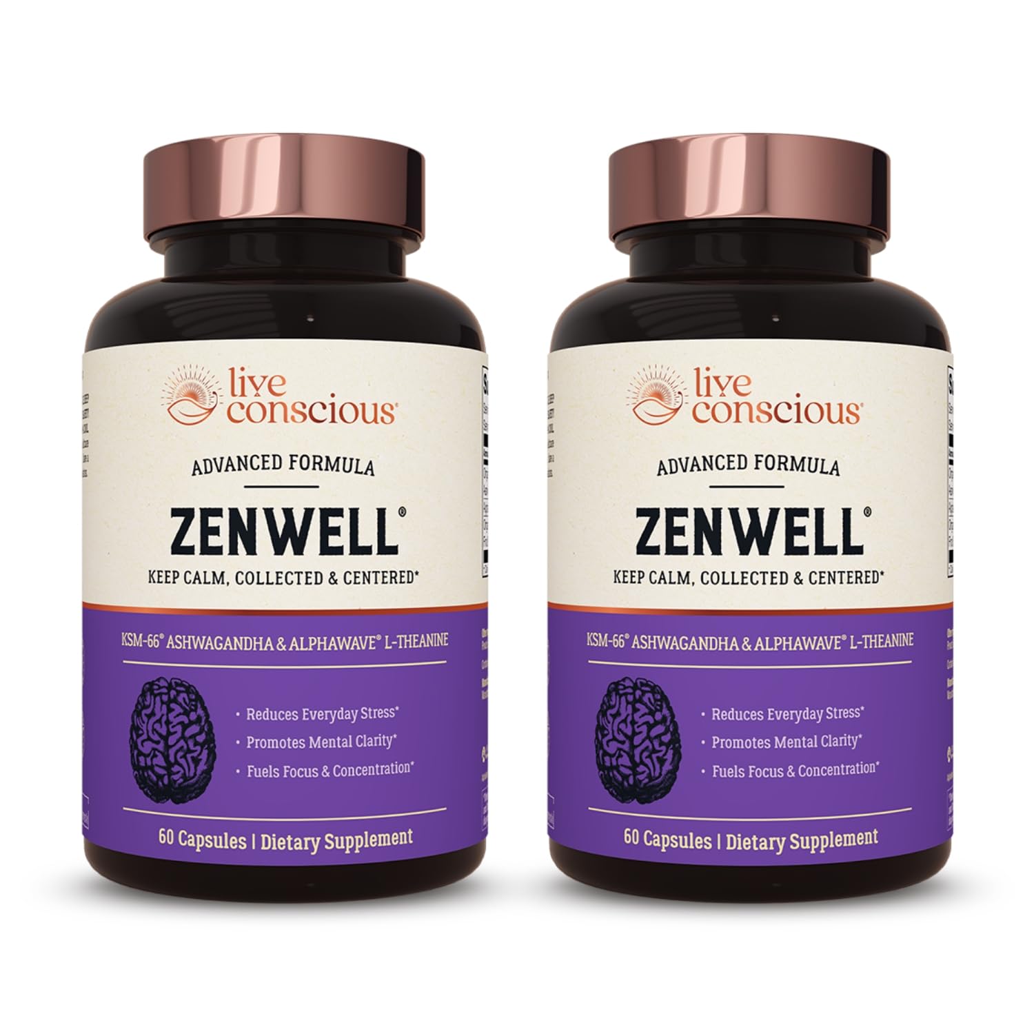 Live Conscious ZenWell ashwagandha capsules bottle for daily stress support.