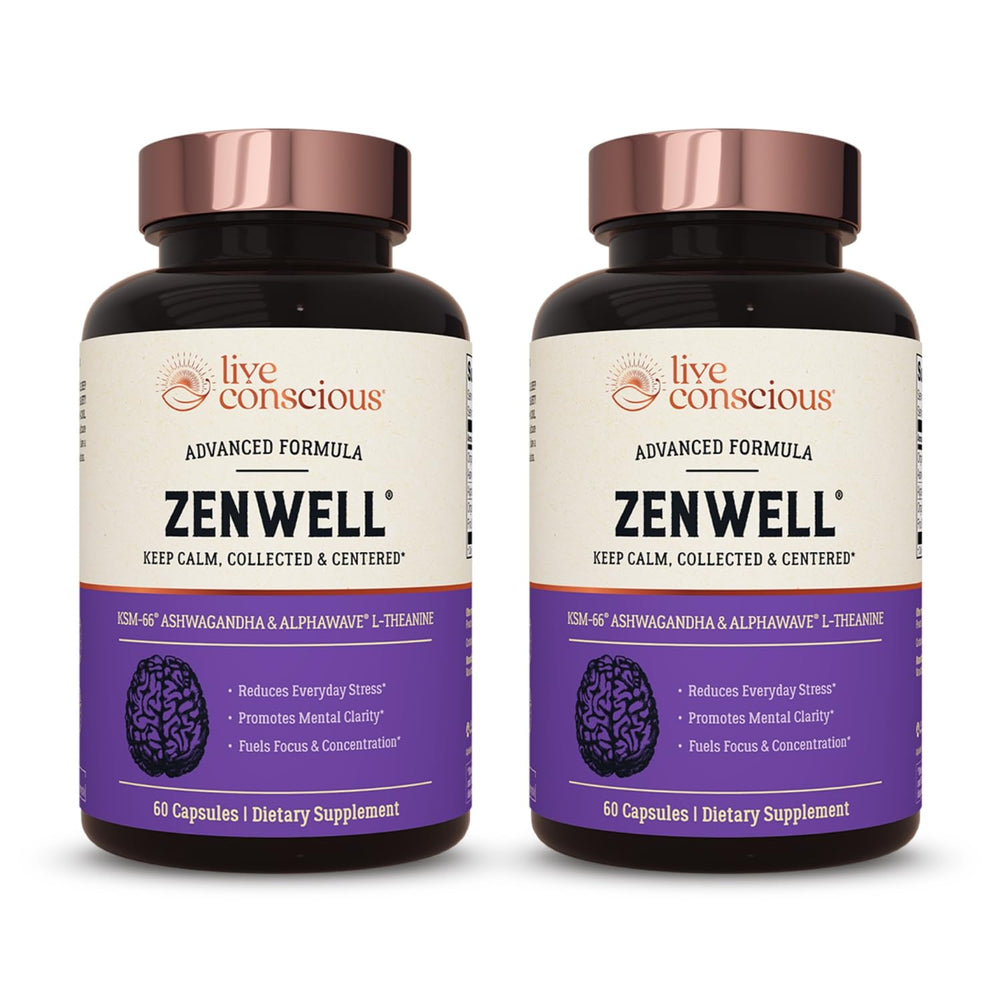 Live Conscious ZenWell ashwagandha capsules bottle for daily stress support.