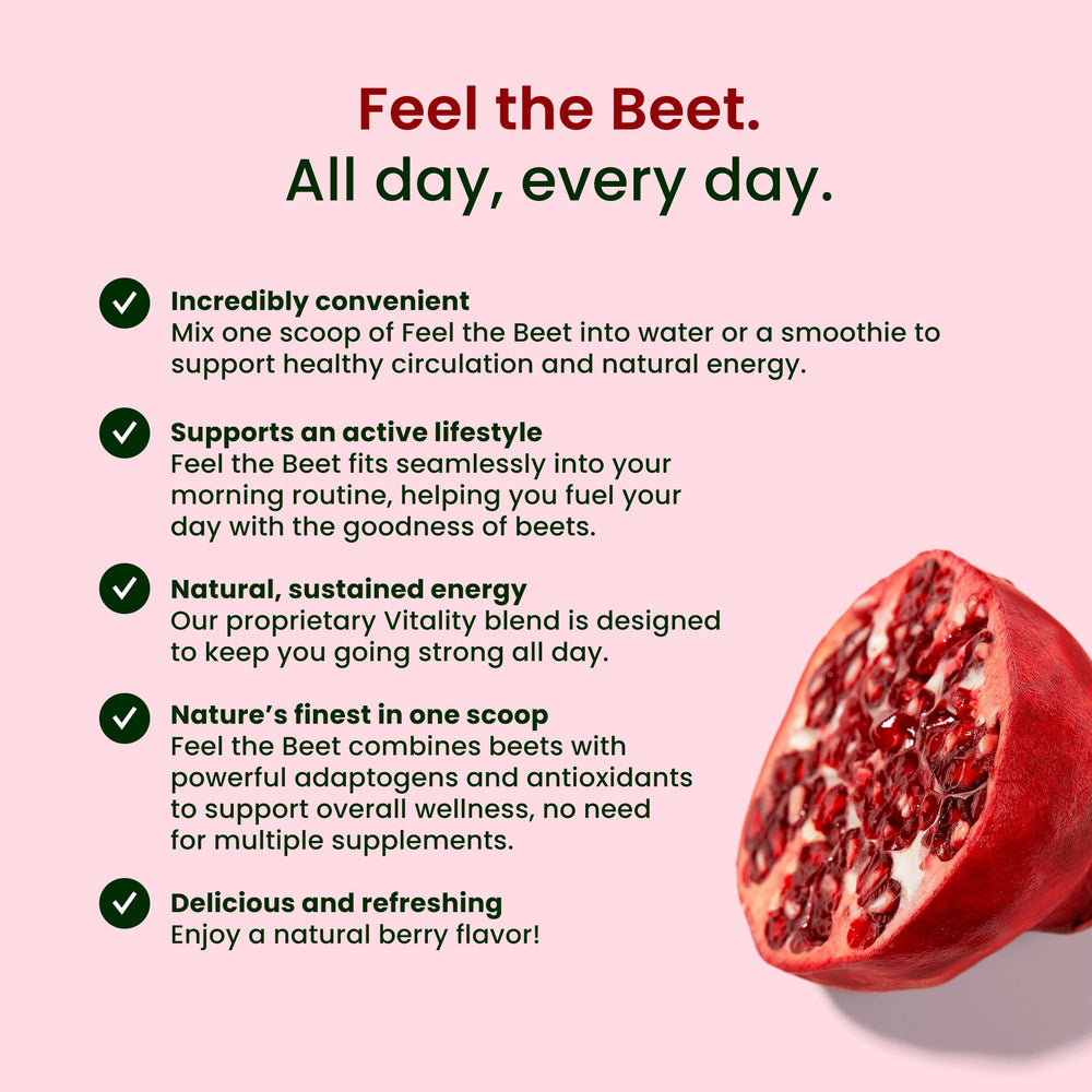 LIVE IT UP Feel The Beet bottle front featuring adaptogens
