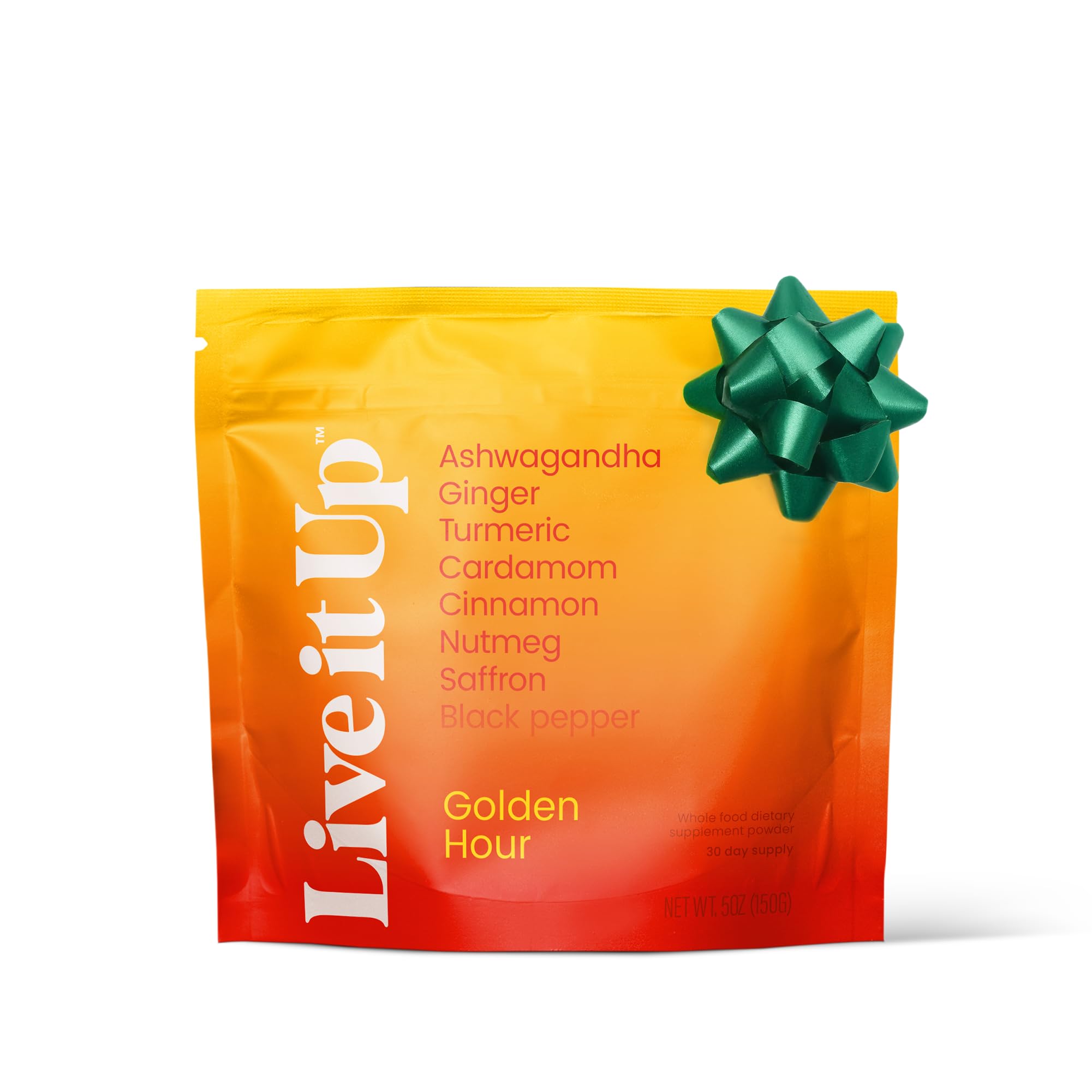 LIVE IT UP Golden Hour packaging label highlights all-natural ingredients for a mindful ritual.