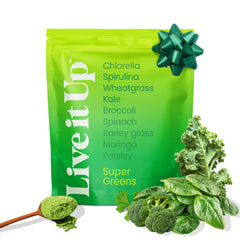 LIVE IT UP Super Greens bottle pour for a refreshing daily wellness shake that boosts energy.