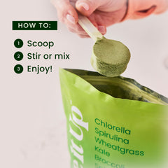 LIVE IT UP Super Greens glass mixed with water reveals vibrant green color and fresh taste.