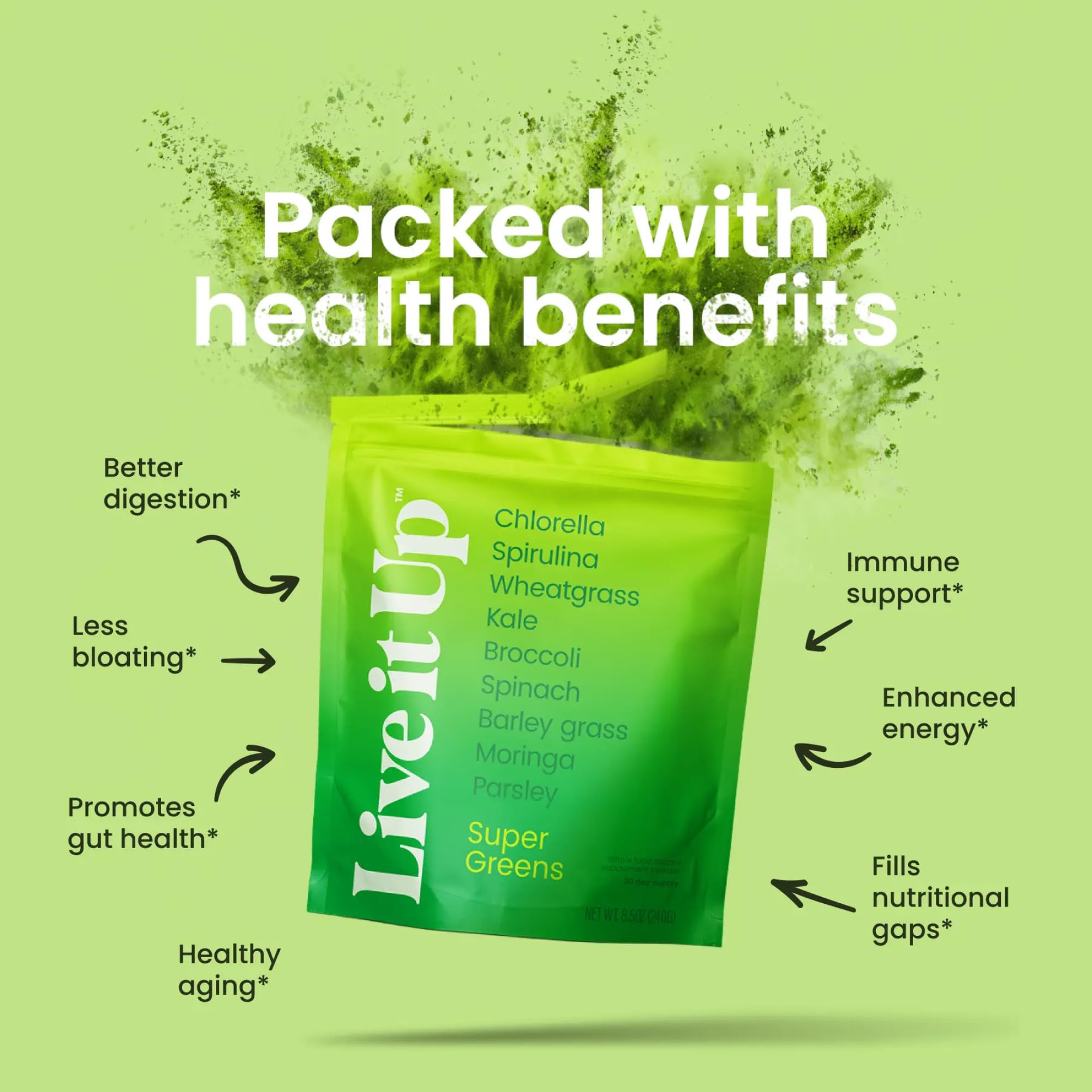 LIVE IT UP Super Greens label with organic vegetables highlights vegan, gluten-free ingredients for daily use.
