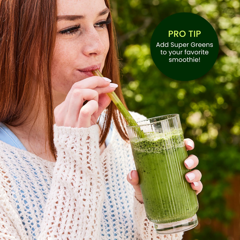 LIVE IT UP Super Greens organic vegetables image emphasizes clean plant ingredients.