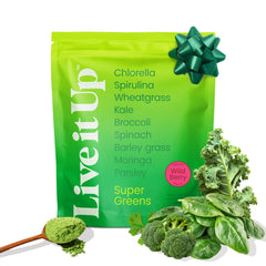 LIVE IT UP Super Greens bottle front for daily energy support.