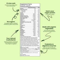 LIVE IT UP Super Greens scoop beside glass shows probiotic blend for digestion support.