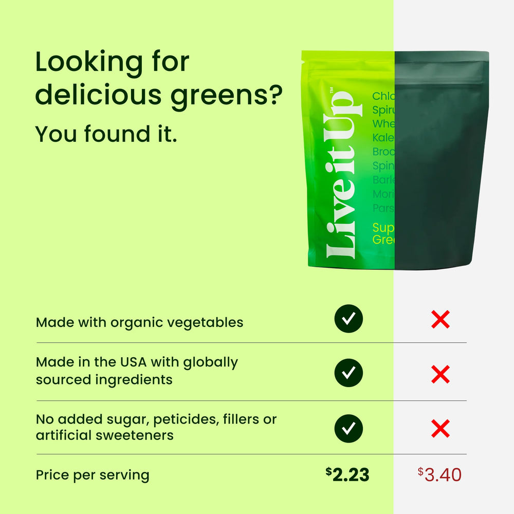 LIVE IT UP Super Greens in smoothie showcases spirulina greens and natural flavor, great energy vibes.